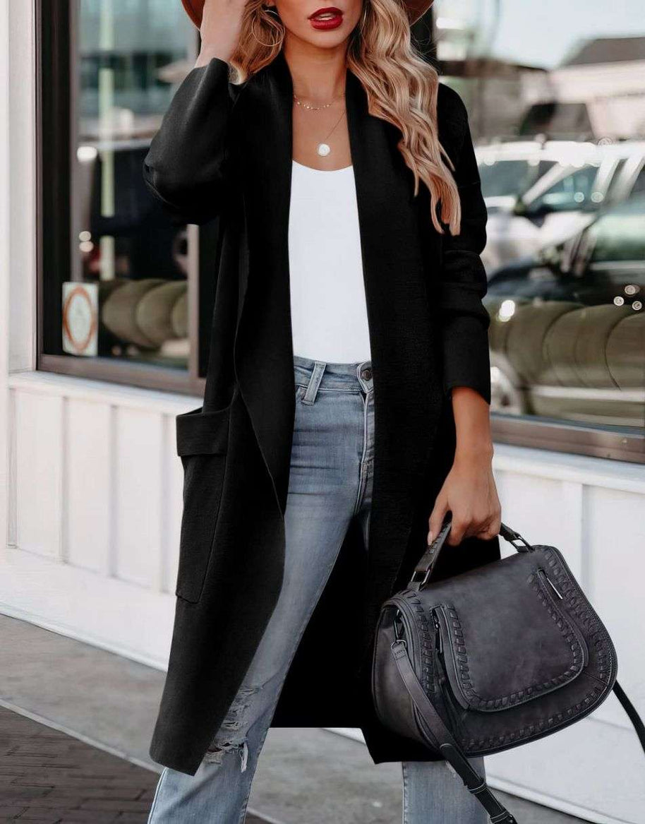 WW | Lange Strickjacke mit Offener Vorderseite Im Lässigen Stil