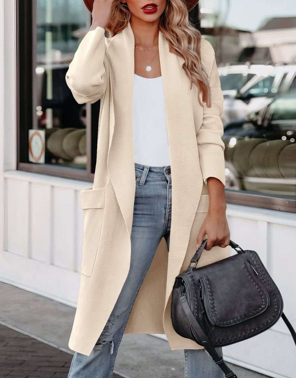 WW | Lange Strickjacke mit Offener Vorderseite Im Lässigen Stil