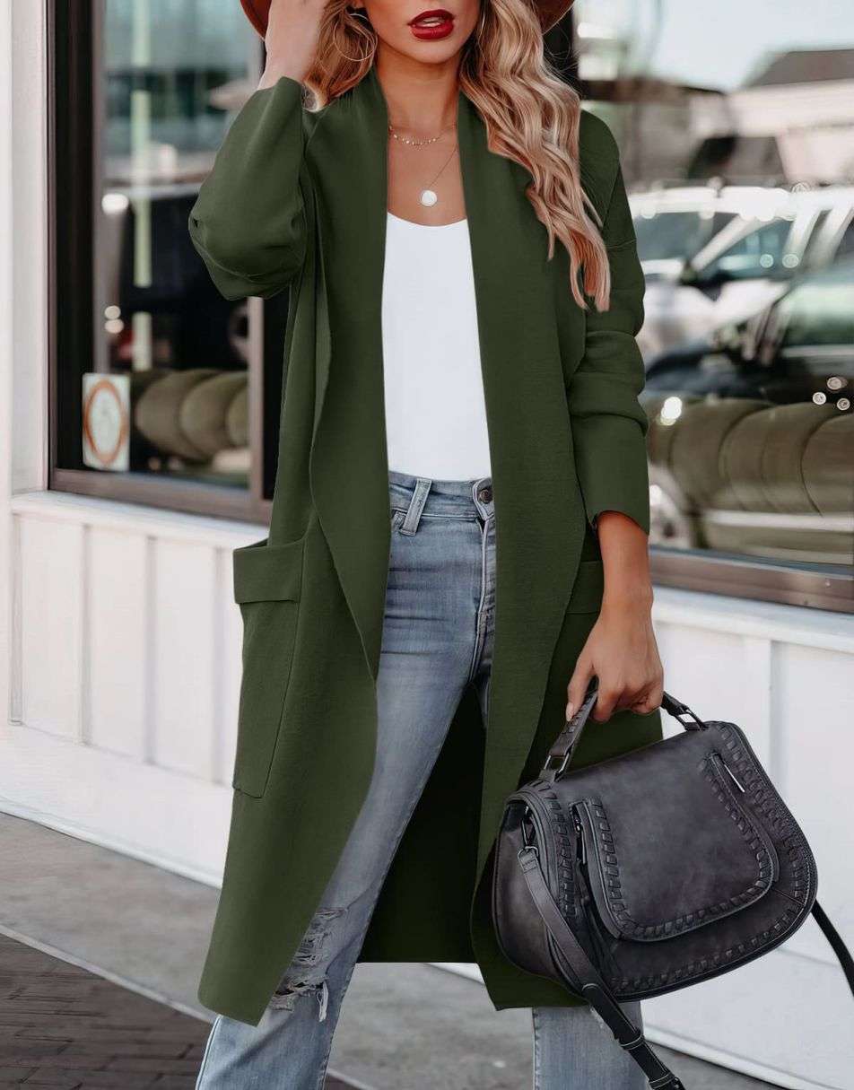 WW | Lange Strickjacke mit Offener Vorderseite Im Lässigen Stil