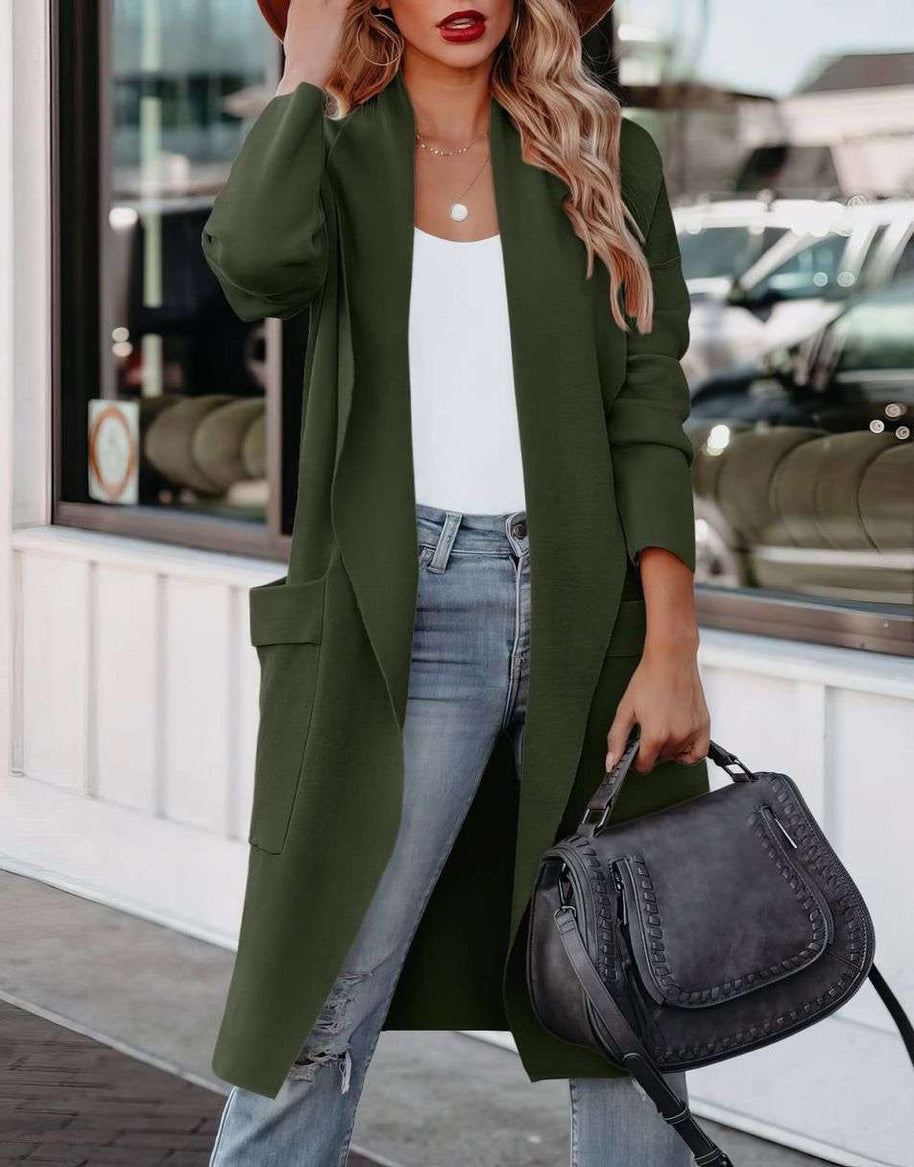 WW | Lange Strickjacke mit Offener Vorderseite Im Lässigen Stil