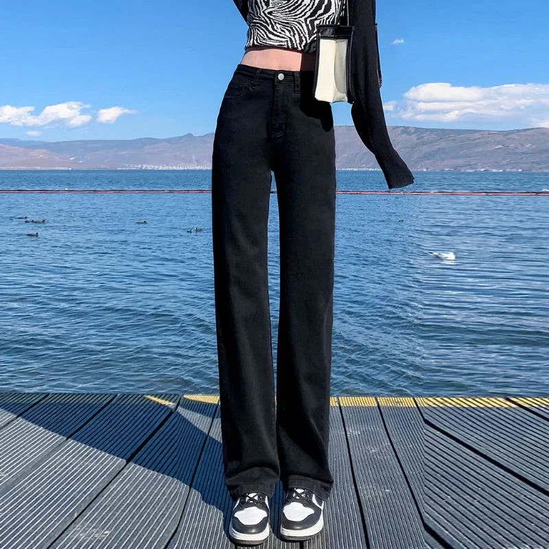 WW | Herbst Frühling Jeans Frauen Denim Hosen Vintage Gerade Hosen Mode Female Weiße Schwarze Einfarbige Lockere Entspannte Weite Bein Hosen