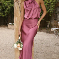WW | Elegantes Satin Midikleid Mit Drapiertem Ausschnitt Für Damen