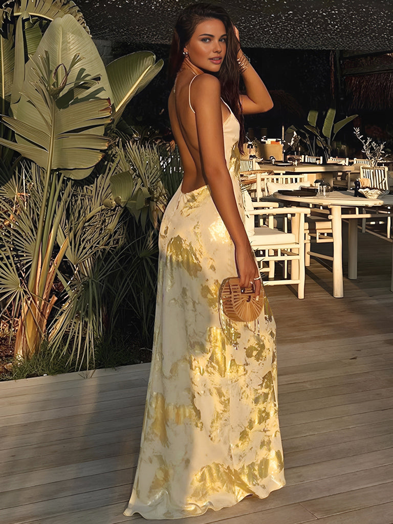 WW | Langes Kleid Mit Metallic Print, V-Ausschnitt Und Neckholder