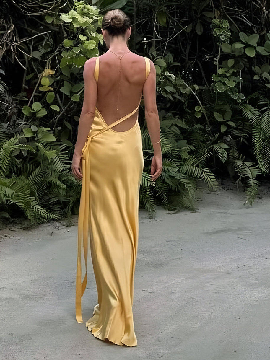 WW | Halbtransparentes Satin Asymmetrisches Ein Schulter Langkleid