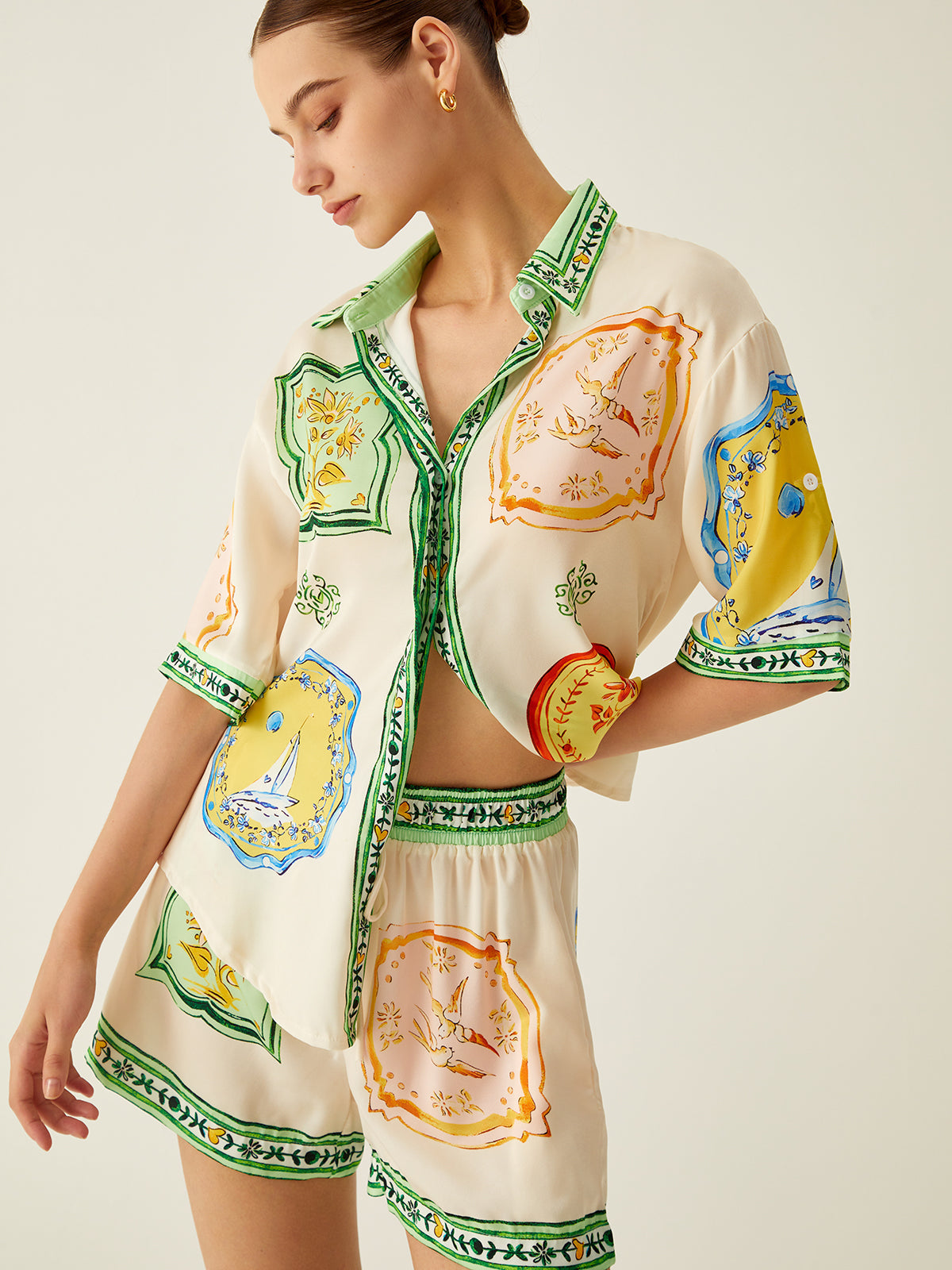 WW | Lockere Bedruckte Satin Kurze Hosen Satz