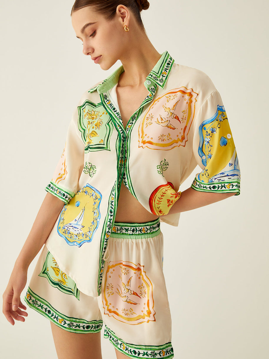 WW | Lockere Bedruckte Satin Kurze Hosen Satz