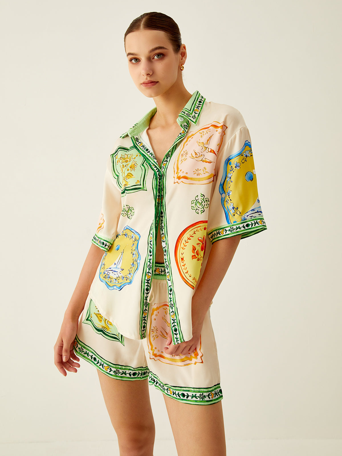 WW | Lockere Bedruckte Satin Kurze Hosen Satz