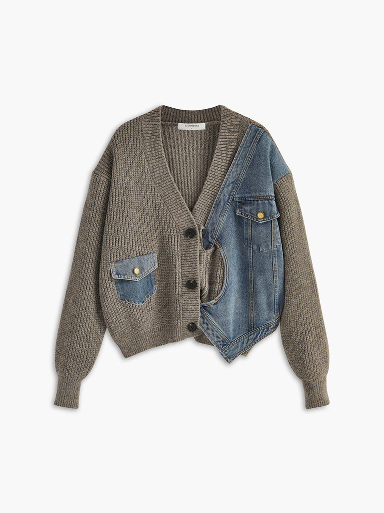 WW | Asymmetrischer Patchwork Taschen Strickjacke