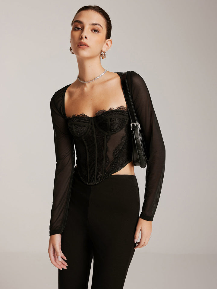 W&W Mode | Durchscheinendes Langärmeliges Herz Ausschnitt Spitzen Skinny T-hemd
