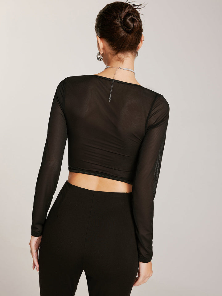 W&W Mode | Durchscheinendes Langärmeliges Herz Ausschnitt Spitzen Skinny T-hemd