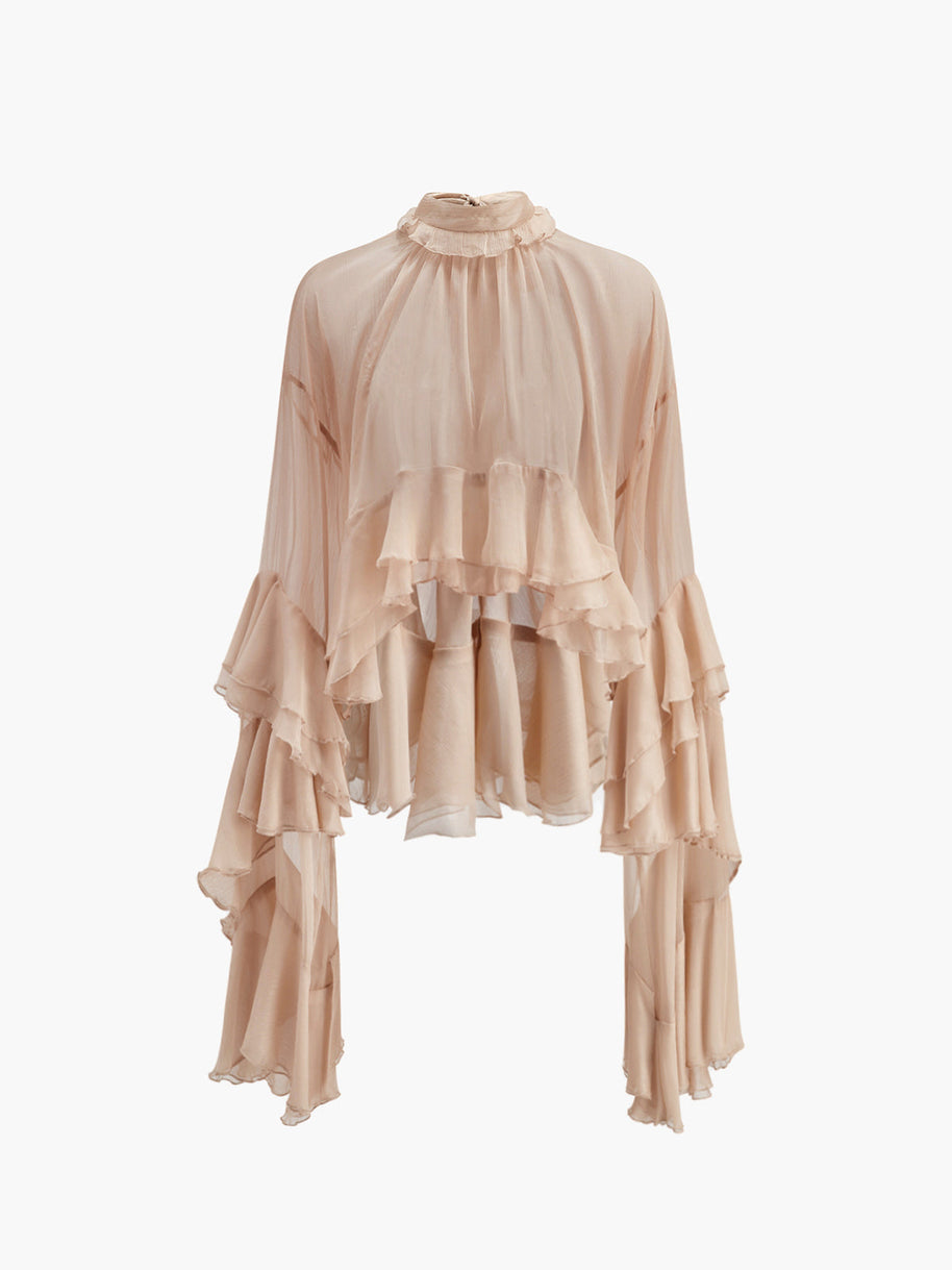WW | Durchsichtige Turtleneck Rüsch Chiffon Bluse