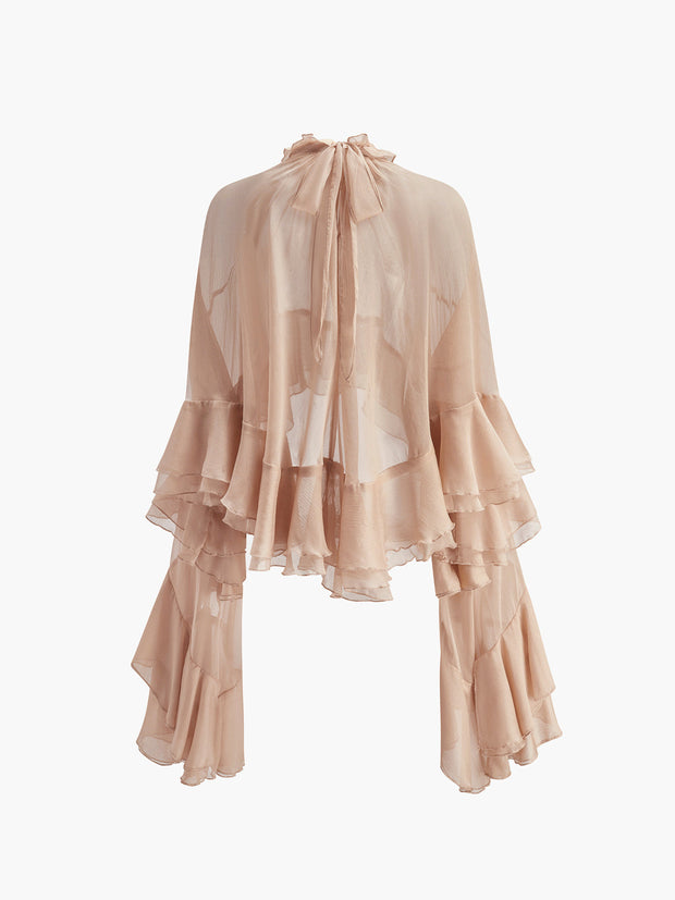 WW | Durchsichtige Turtleneck Rüsch Chiffon Bluse