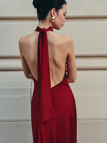 W&W Mode | Offene Rücken Satin Halter Kleid