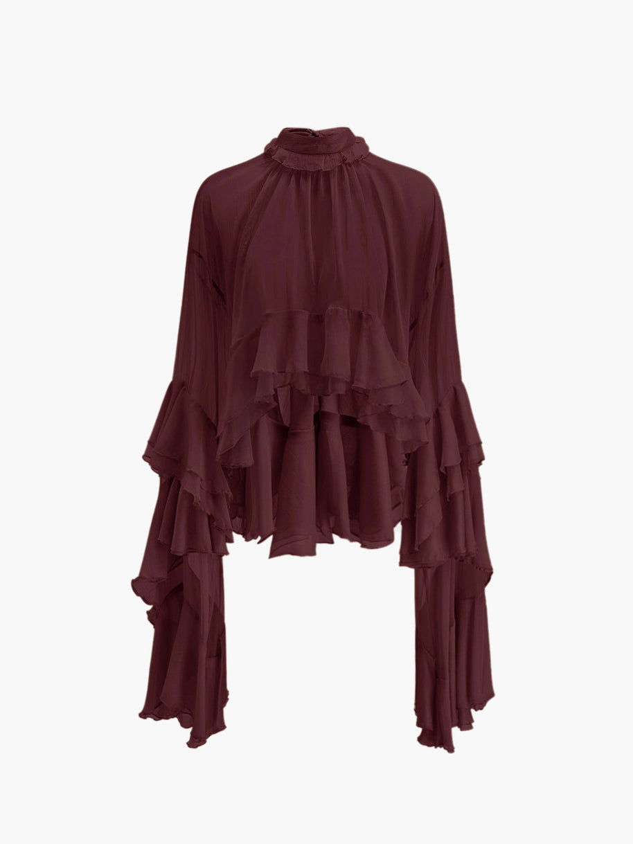 WW | Durchsichtige Turtleneck Rüsch Chiffon Bluse