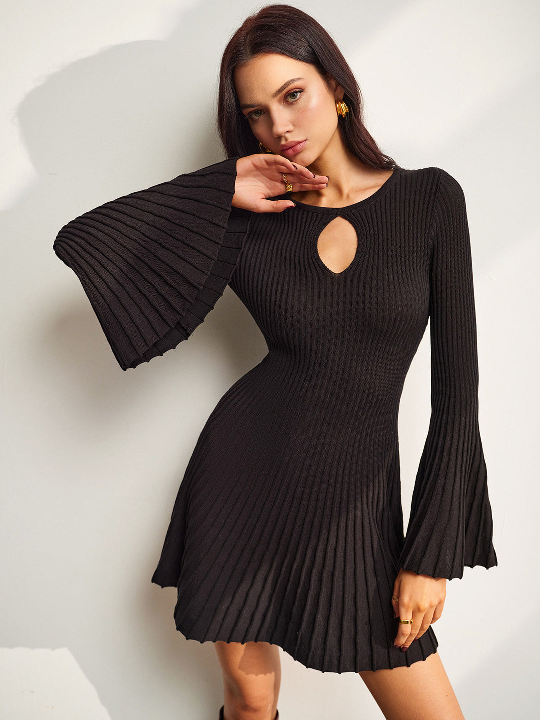 W&W Mode | Schlüsselloch Ausschnitt Glockenärmel Pullover Kleid