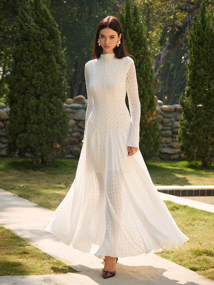 W&W Mode | Semi Sheer Gesäßausschnitt Spitze Fließendes Langes Kleid