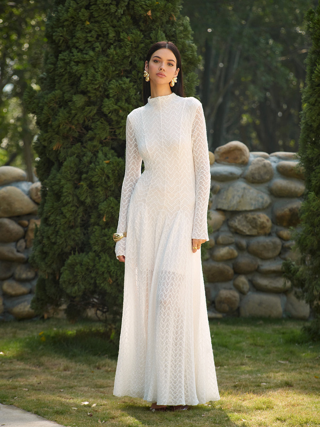 W&W Mode | Semi Sheer Gesäßausschnitt Spitze Fließendes Langes Kleid