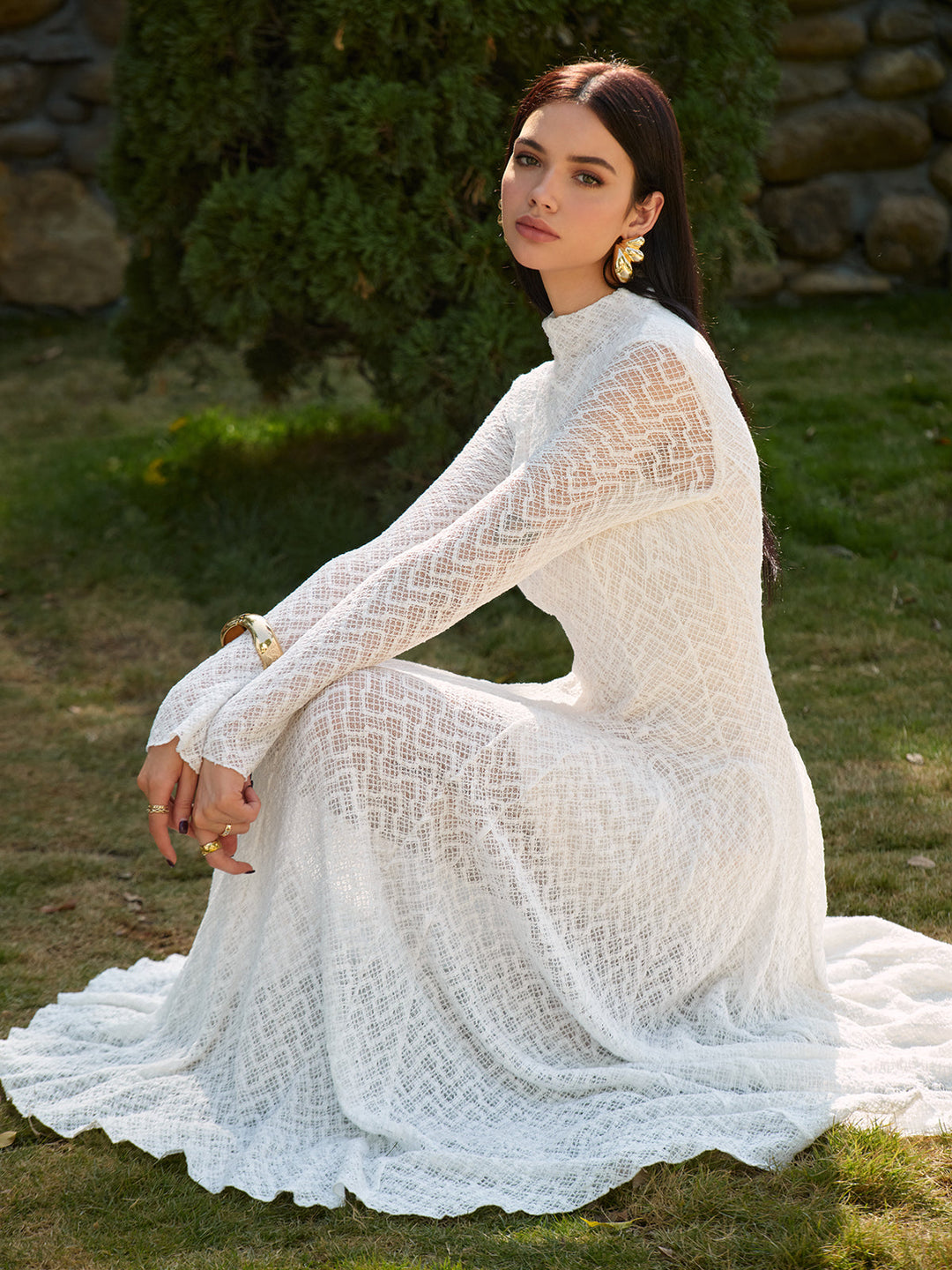 W&W Mode | Semi Sheer Gesäßausschnitt Spitze Fließendes Langes Kleid