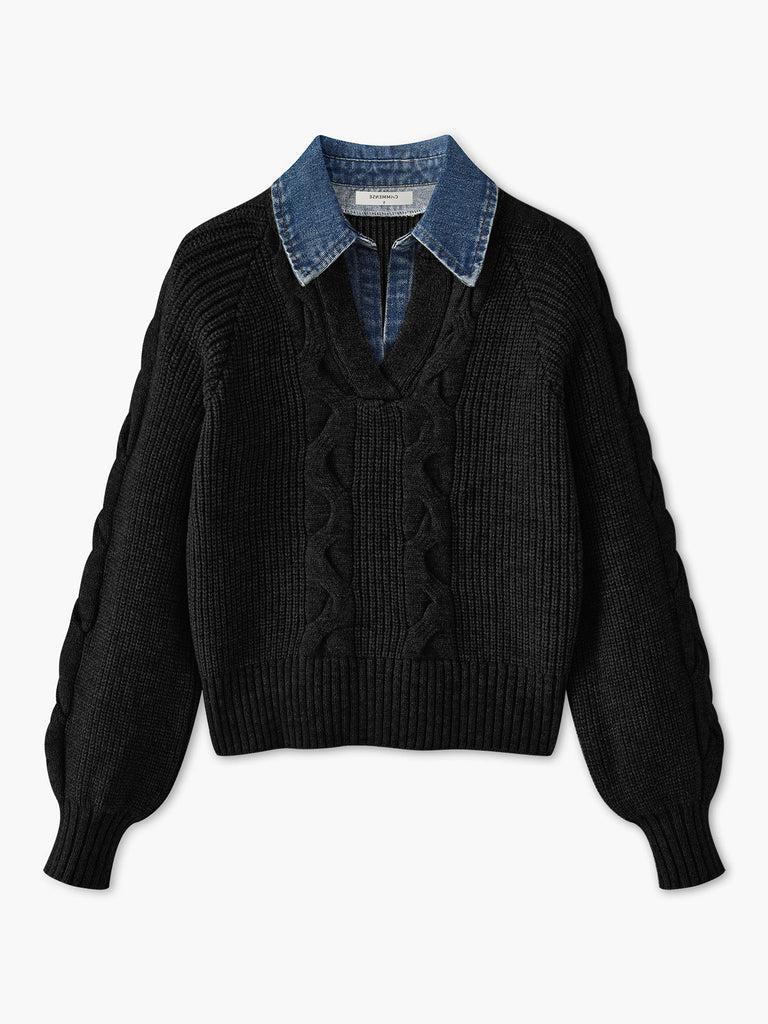 WW | Denim Panel Ripp Lapel Pullover