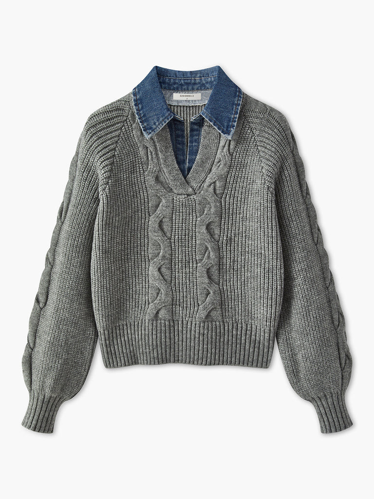 WW | Denim Panel Ripp Lapel Pullover