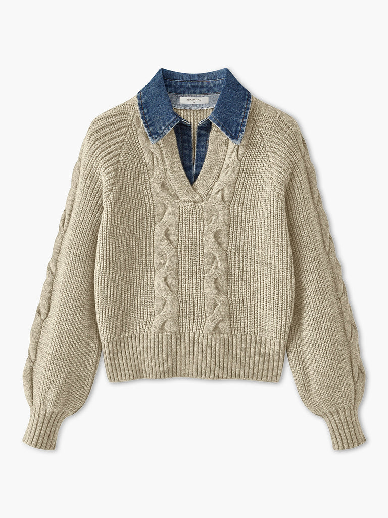 WW | Denim Panel Ripp Lapel Pullover