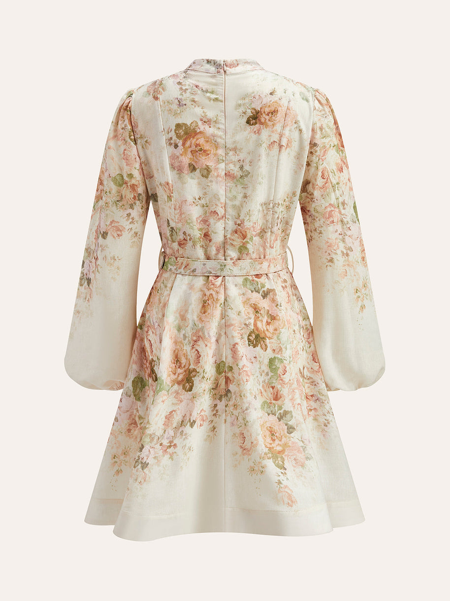 WW | Baumwolle & Leinen Puffärmel Blumen Gürtel Kleid