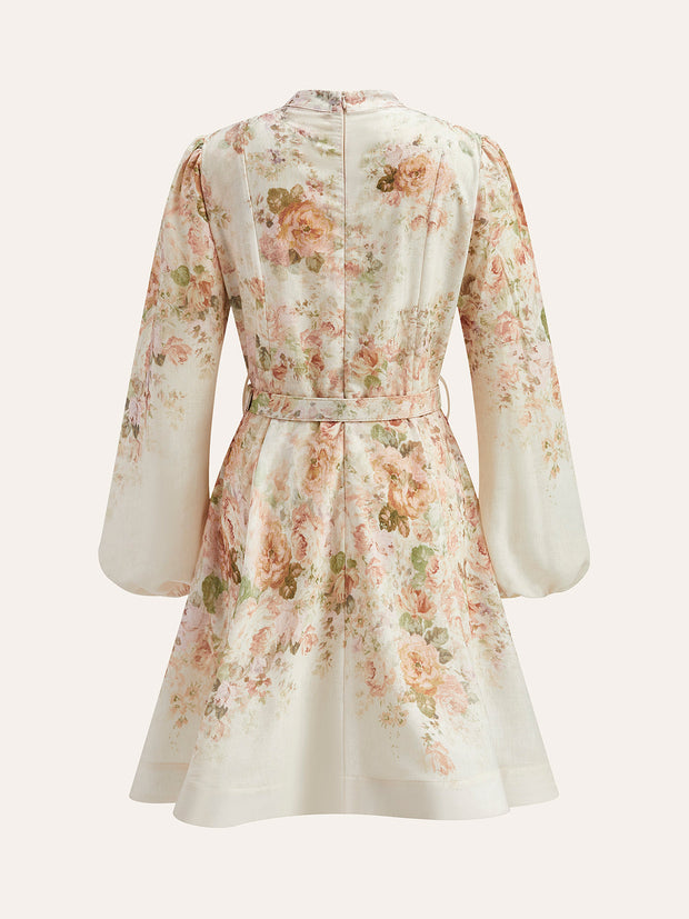 WW | Baumwolle & Leinen Puffärmel Blumen Gürtel Kleid