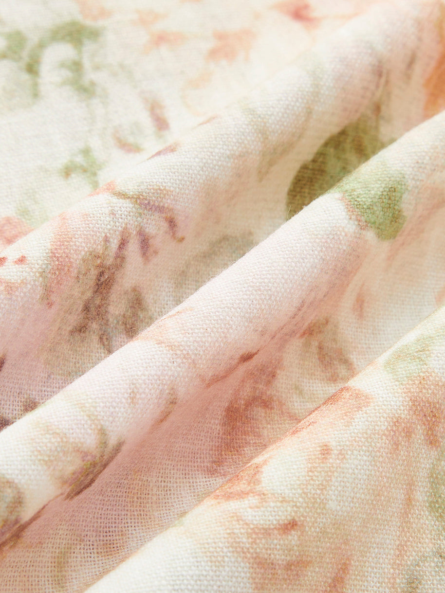 WW | Baumwolle & Leinen Puffärmel Blumen Gürtel Kleid