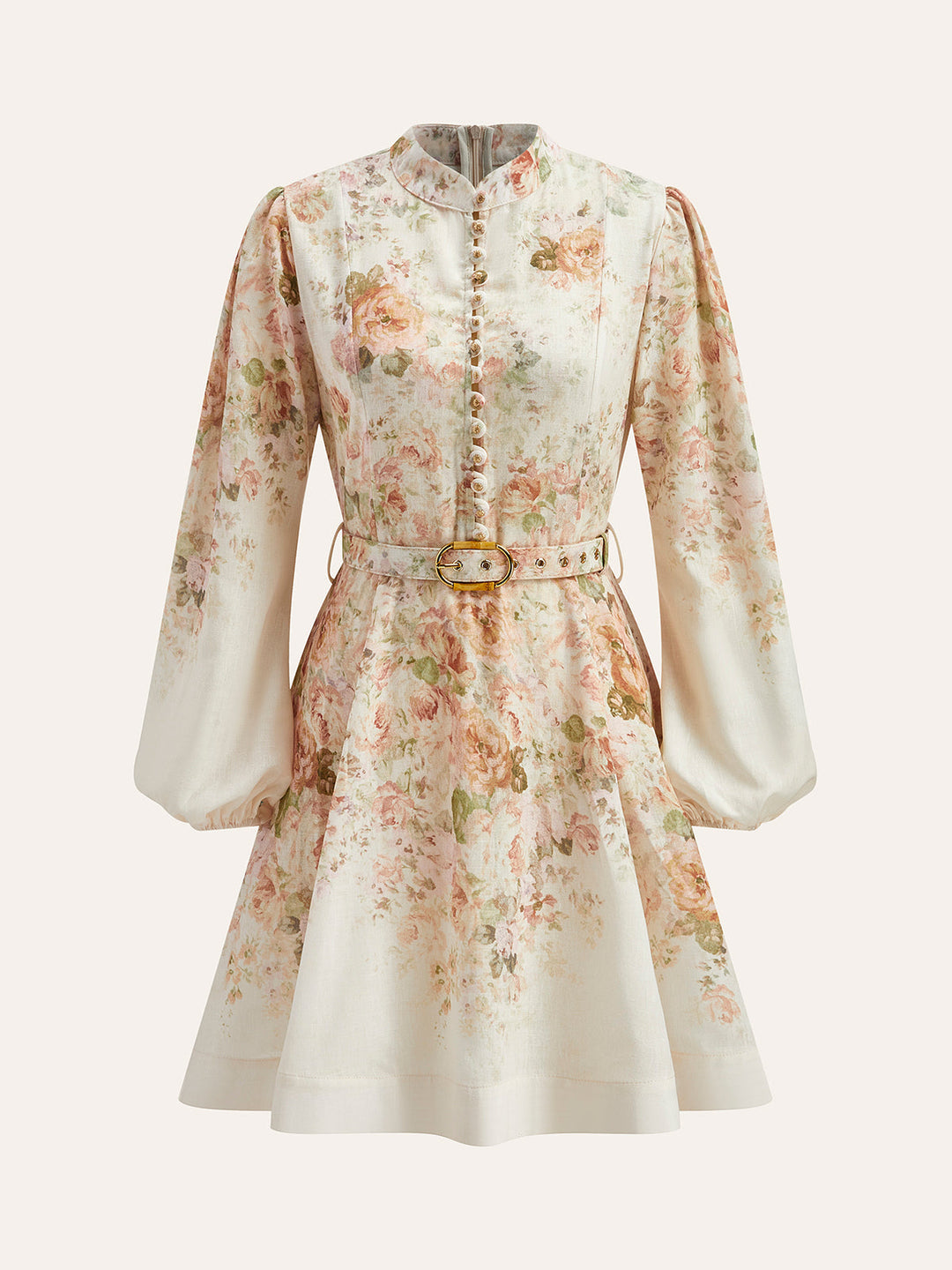 Damen Kleid aus Baumwoll-Leinen-Mix mit Blumenmuster, Puffärmeln und Gürtel