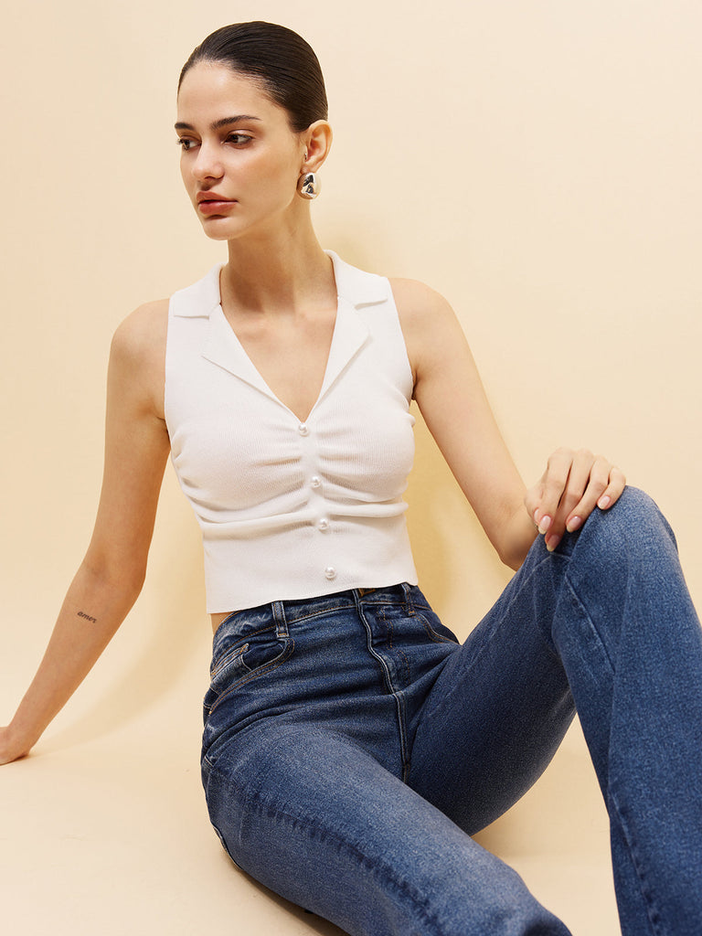 WW | Ärmelloses Knopfvorderung Crop Pullover Vest
