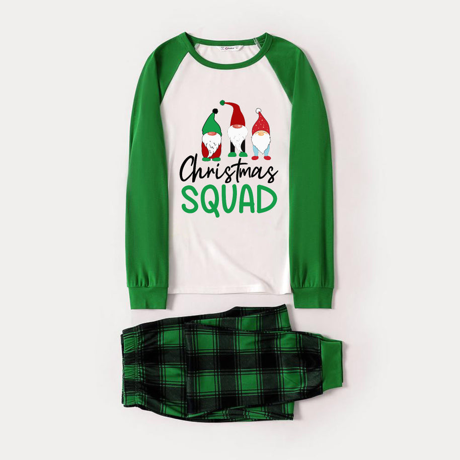WW | Grünes Raglan-Top Grünes Karomuster Weihnachts-Pyjama-Set mit Gnom und "Christmas SQUAD" Druck