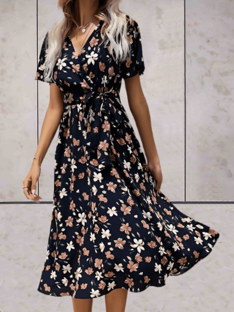 WW | Bella: Kleid mit V-Ausschnitt, Blumenmuster und Band Taille
