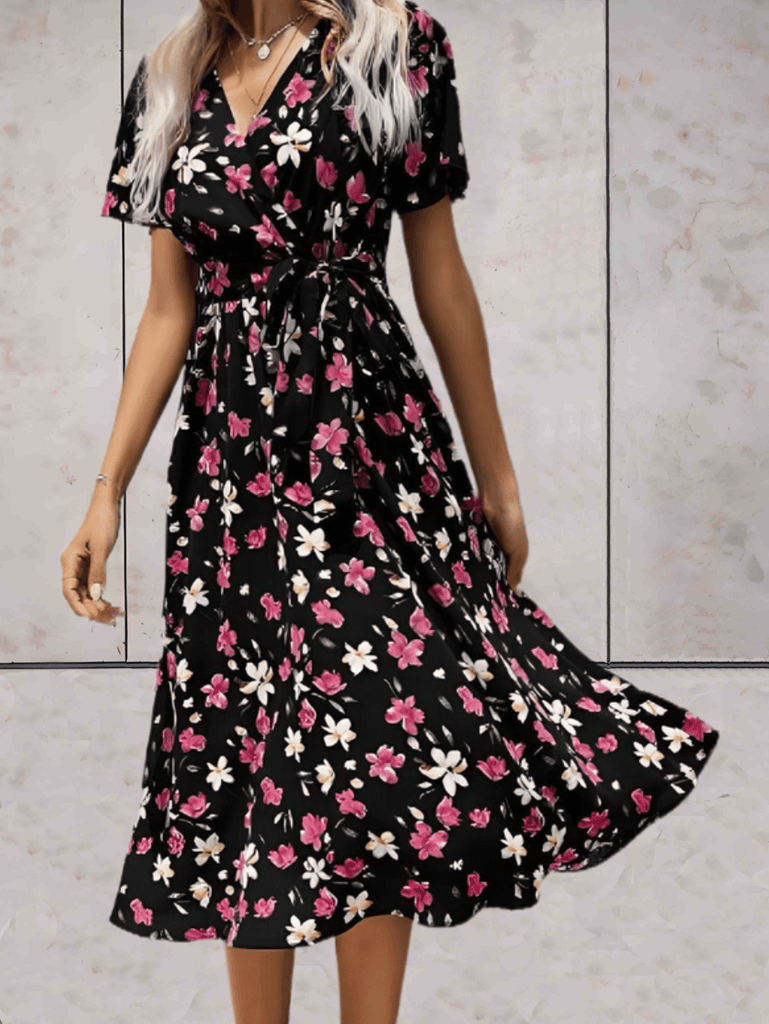 WW | Bella: Kleid mit V-Ausschnitt, Blumenmuster und Band Taille
