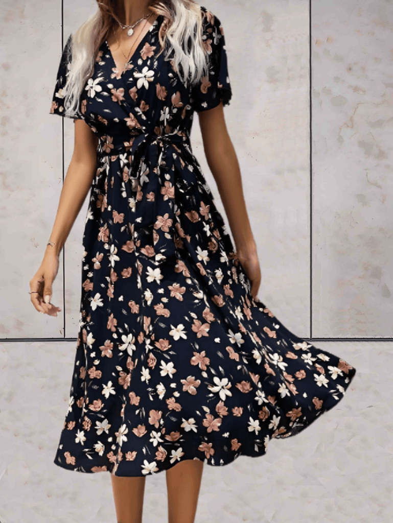 WW | Bella: Kleid mit V-Ausschnitt, Blumenmuster und Band Taille