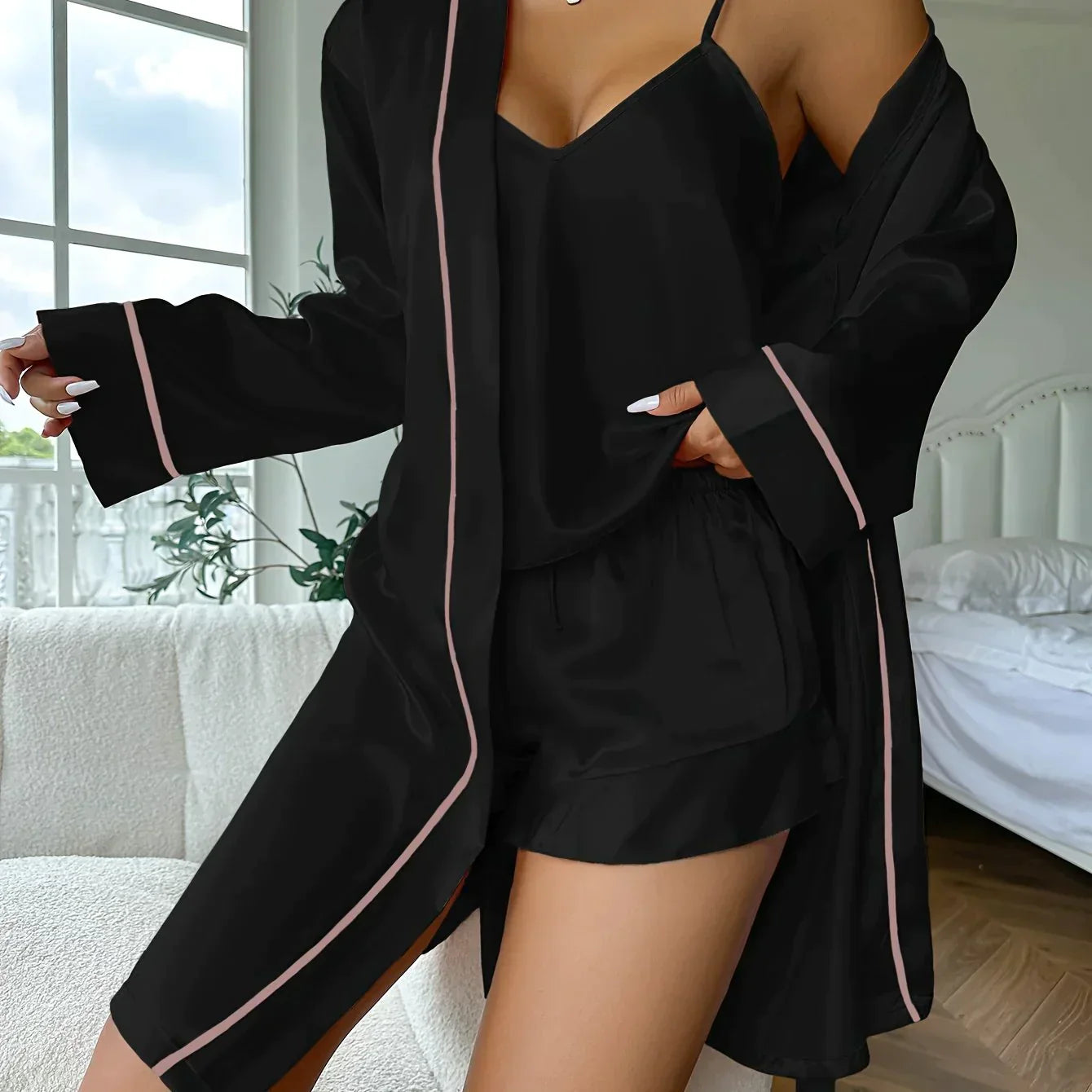 WW | Satin 3-Teiliges Loungewear-Set mit Spitze Für Frauen