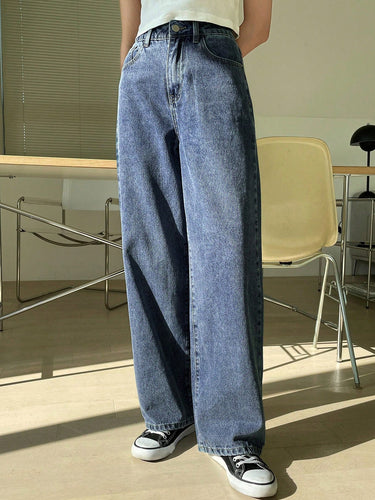 WW | High-waisted washed wide-leg jeans