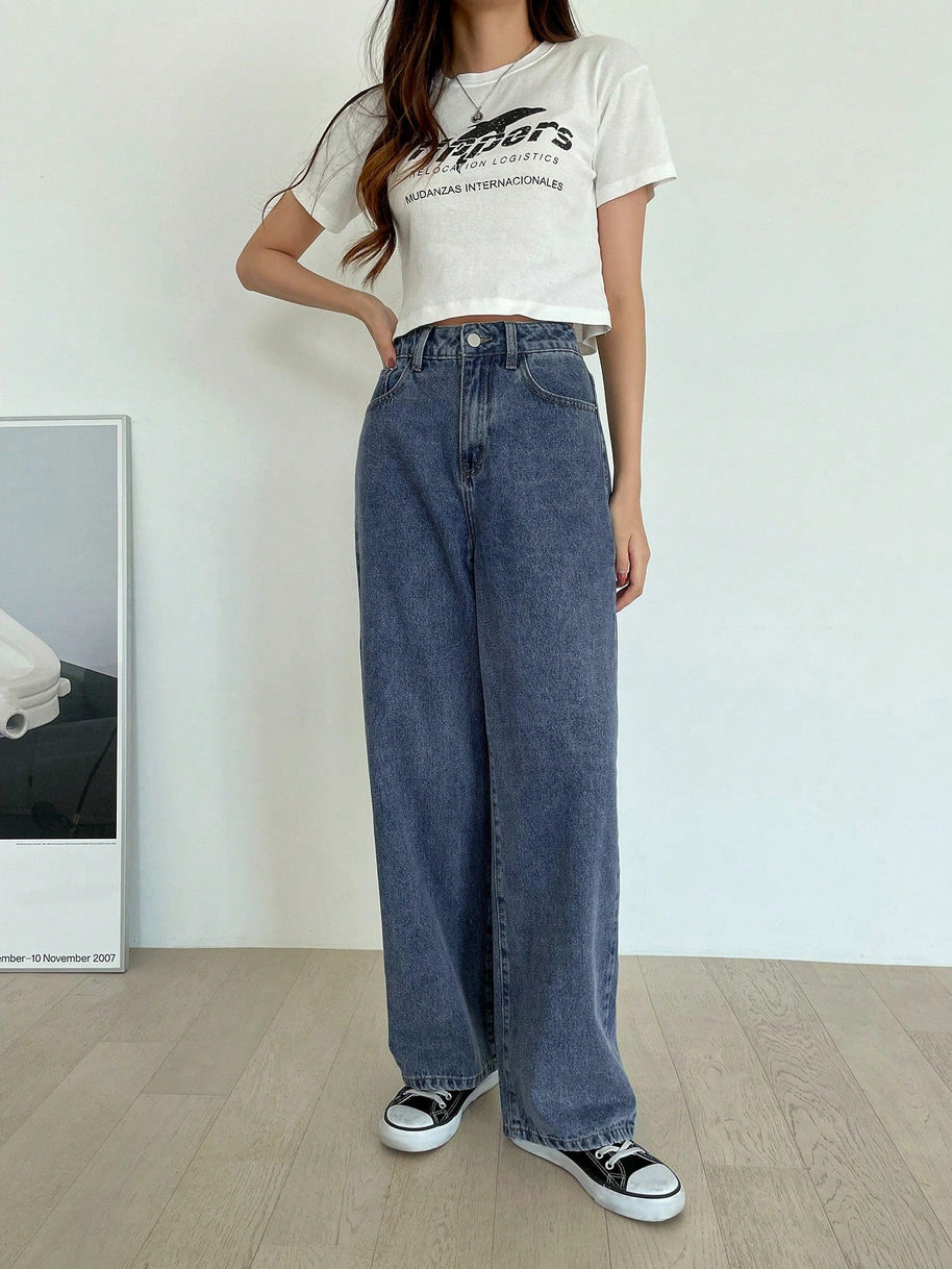 WW | High-waisted washed wide-leg jeans