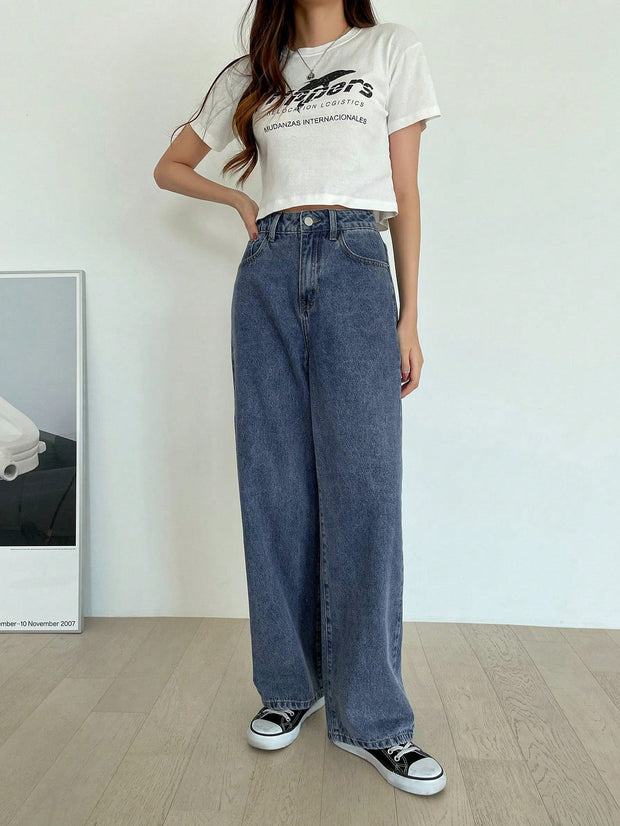 WW | High-waisted washed wide-leg jeans