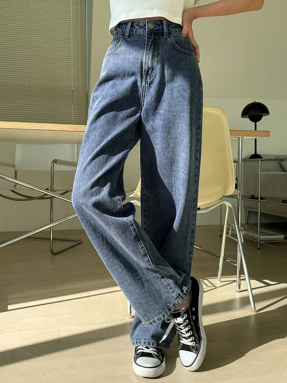 WW | High-waisted washed wide-leg jeans