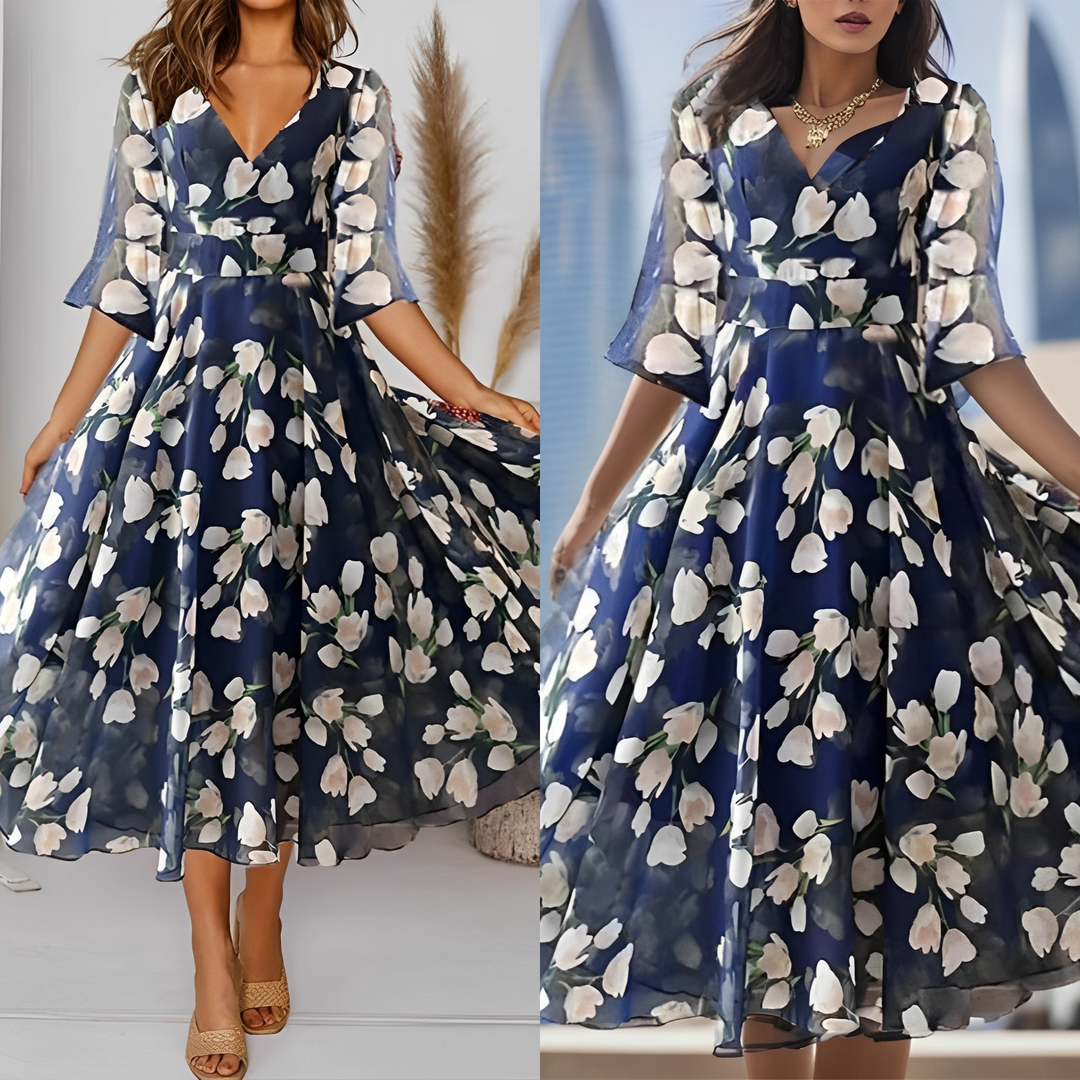 W&W Mode | Blumen-Sifonk-Kleid mit weitem V-Ausschnitt