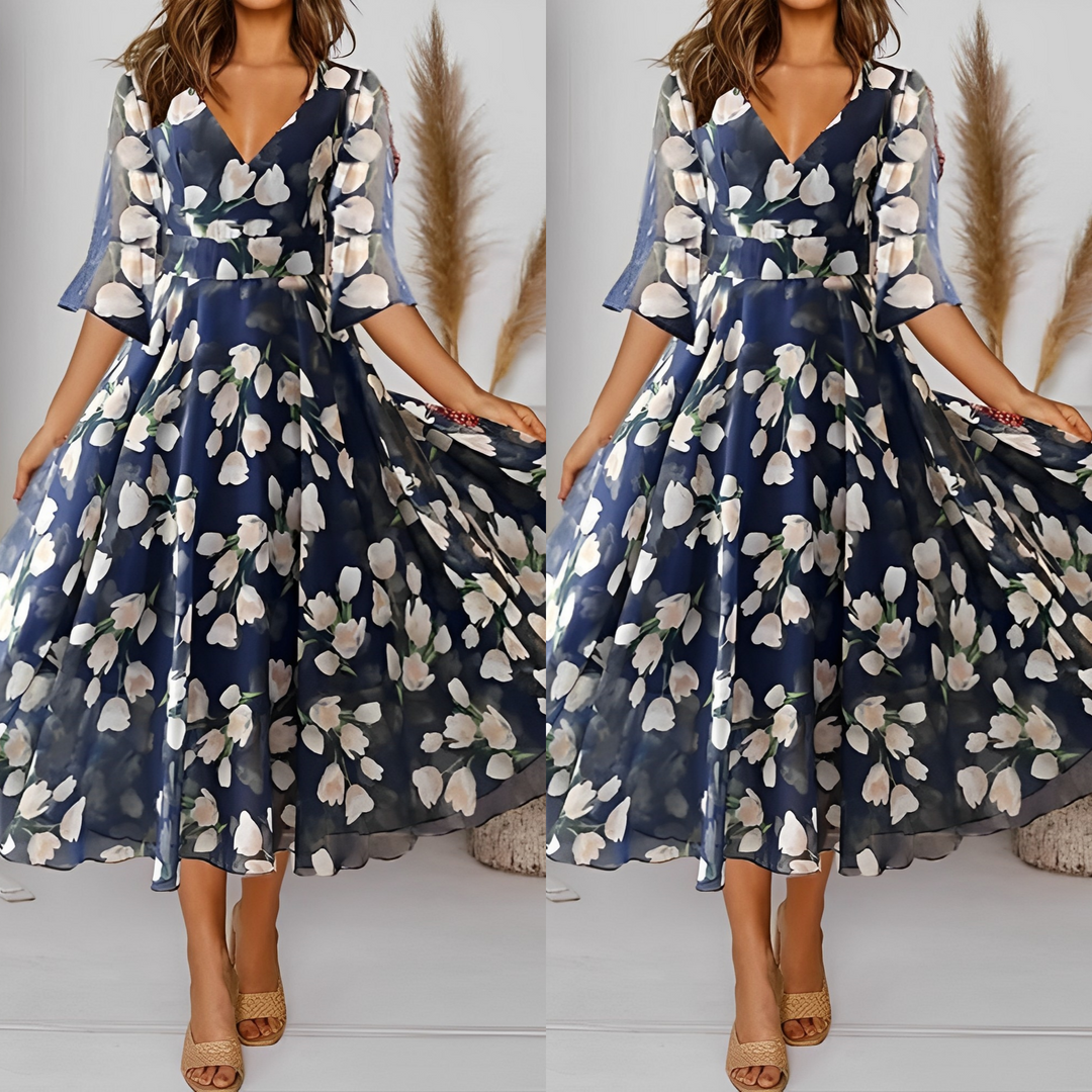 W&W Mode | Blumen-Sifonk-Kleid mit weitem V-Ausschnitt