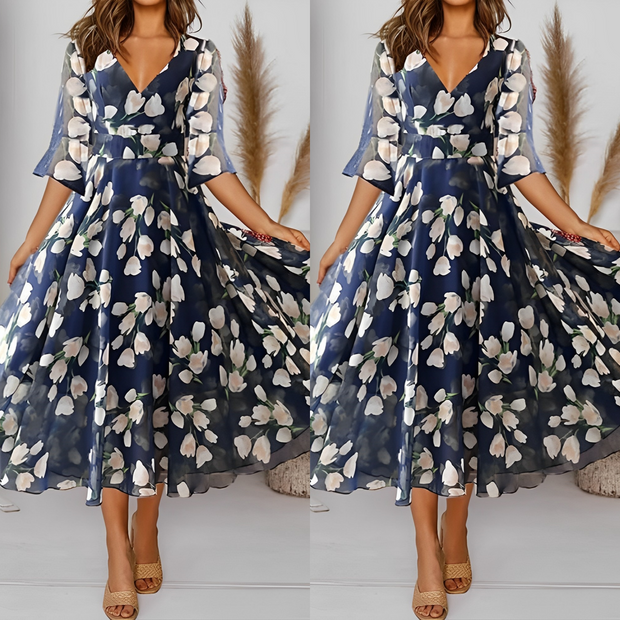 WW | Blumen-Sifonk-Kleid mit weitem V-Ausschnitt