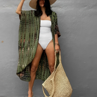 WW Retro Kimono | Langer, gemusterter Strandkimono mit Gürtel für Damen