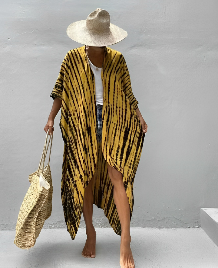 W&W Mode Retro Kimono | Langer, gemusterter Strandkimono mit Gürtel für Damen