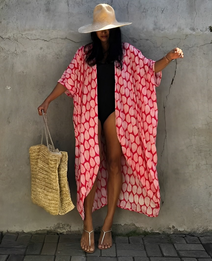 W&W Mode Retro Kimono | Langer, gemusterter Strandkimono mit Gürtel für Damen