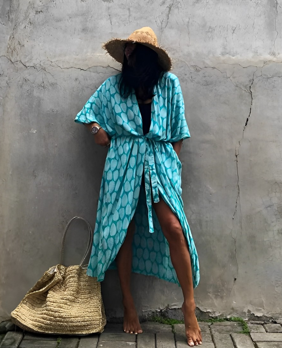 W&W Mode Retro Kimono | Langer, gemusterter Strandkimono mit Gürtel für Damen