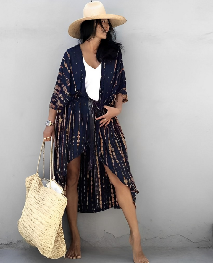 W&W Mode Retro Kimono | Langer, gemusterter Strandkimono mit Gürtel für Damen