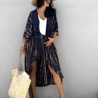 WW Retro Kimono | Langer, gemusterter Strandkimono mit Gürtel für Damen