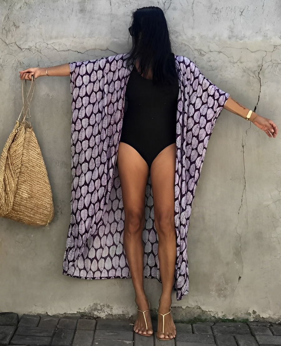 W&W Mode Retro Kimono | Langer, gemusterter Strandkimono mit Gürtel für Damen