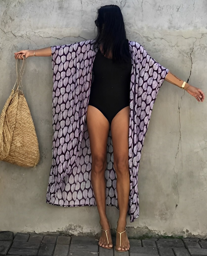 W&W Mode Retro Kimono | Langer, gemusterter Strandkimono mit Gürtel für Damen